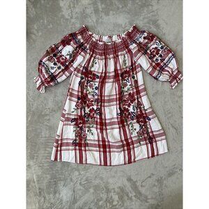 Women’s Zara Off Shoulder Dress Plaid Embroidered Flowers Red White Size Medium
